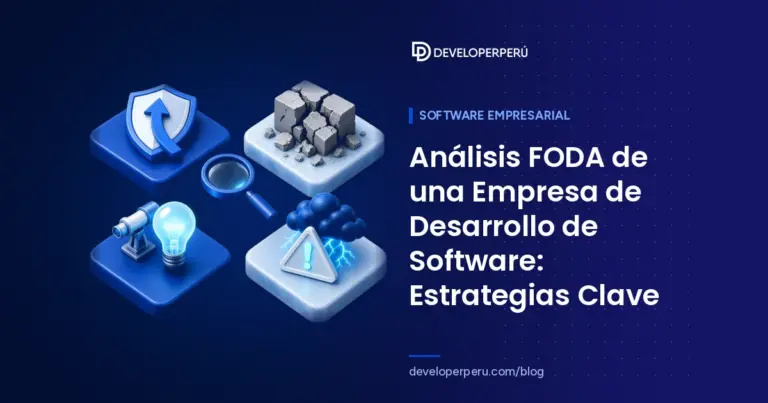 Ilustración isométrica de un análisis FODA con cuatro plataformas: escudo de fortalezas, ladrillo roto, bombilla de oportunidades y alerta de amenazas