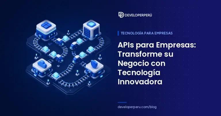 Ilustración isométrica de bloques de servicios conectados por rieles como una red de APIs