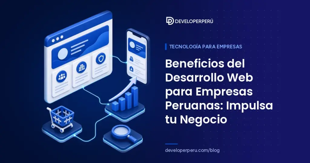Ilustración isométrica de una web empresarial en navegador y celular con gráfico de ventas en crecimiento, carrito y lupa de búsqueda