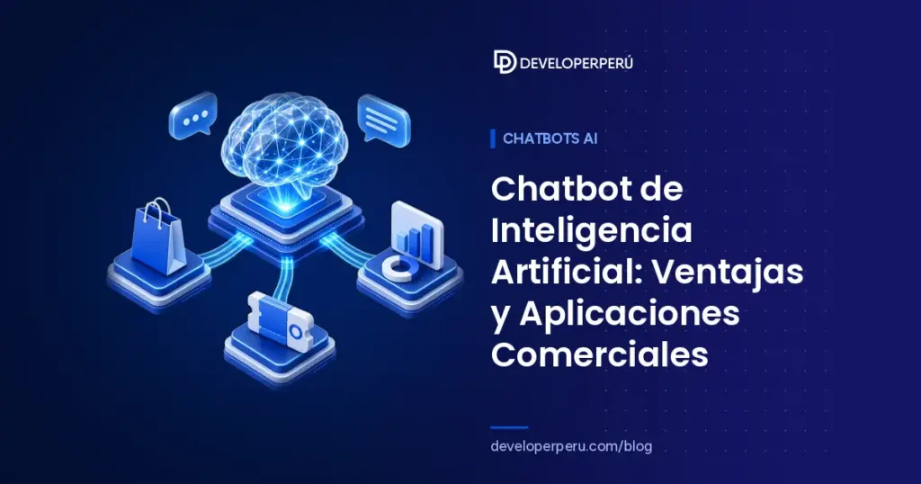 Ilustración isométrica de un cerebro de inteligencia artificial sobre un chip conectado a chat, compras, analítica y tickets de soporte