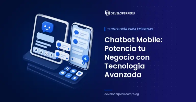 Ilustración isométrica de un chatbot en app móvil con tablet y celular mostrando chat, notificaciones e íconos de apps