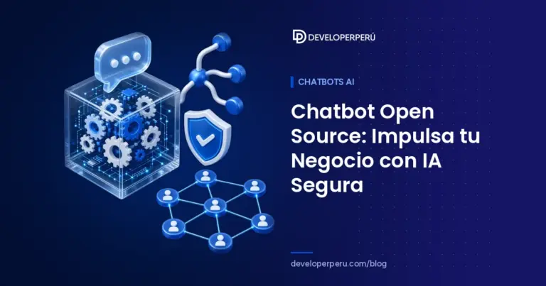 Ilustración isométrica de un cubo transparente con engranajes y burbuja de chat, un escudo de seguridad y una red de comunidad open source