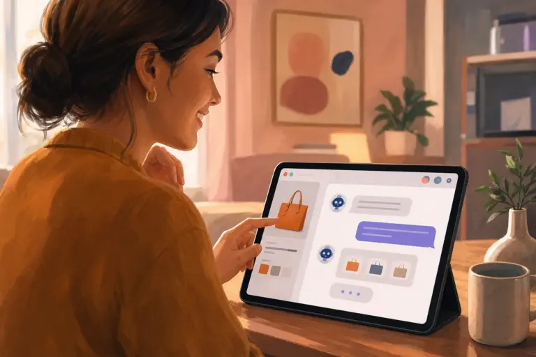 Clienta comprando en una tienda online con ayuda de un chatbot en su tablet