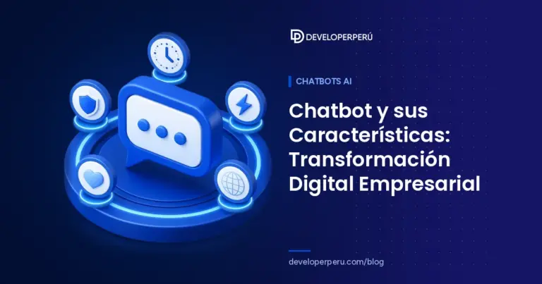 Ilustración isométrica de una burbuja de chat de chatbot rodeada de íconos de atención 24/7, rapidez, seguridad y alcance global