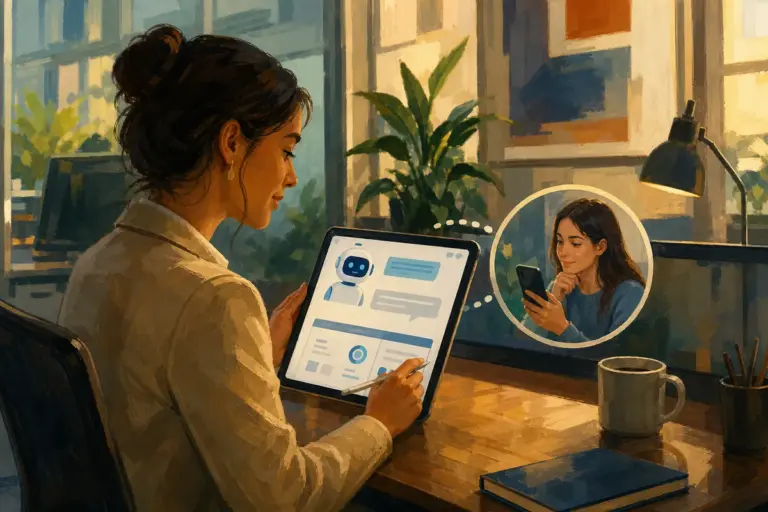 Mujer de negocios conversando con un asistente virtual de inteligencia artificial en una tablet