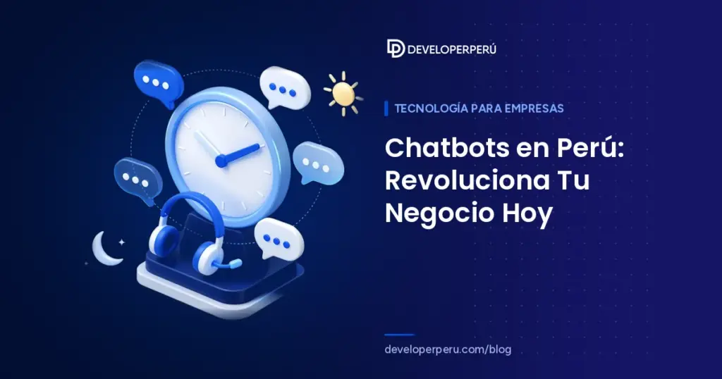 Ilustración isométrica de un reloj rodeado de burbujas de chat con unos audífonos, el sol y la luna, sobre chatbots que atienden todo el día