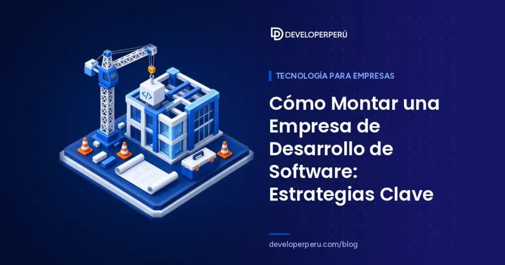 Ilustración isométrica de una grúa que coloca un bloque de código sobre una oficina en construcción con planos y conos