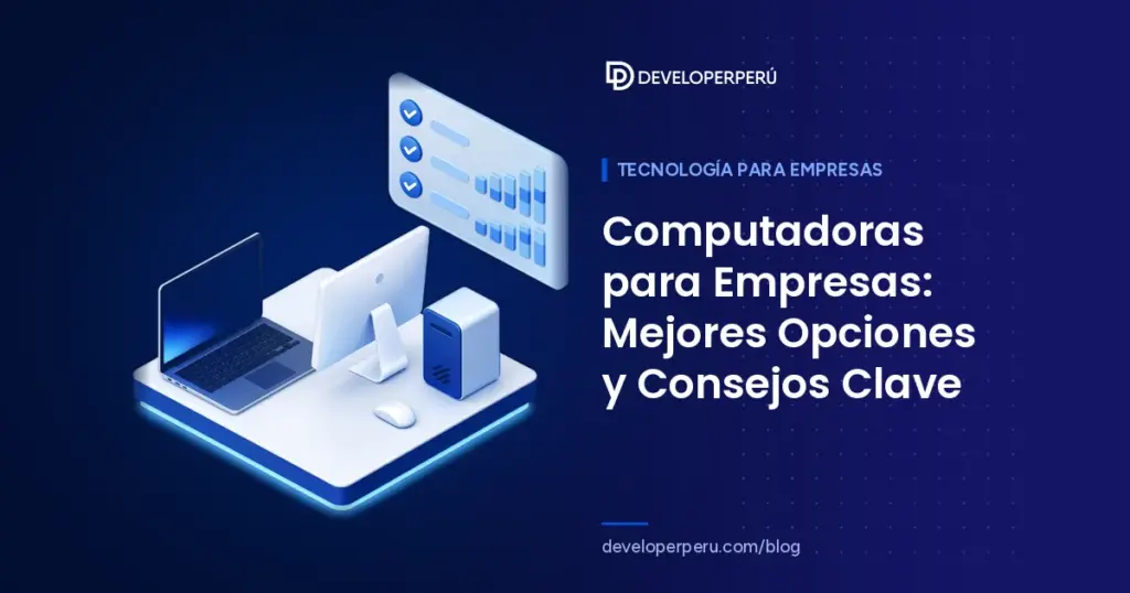 Ilustración isométrica de un escritorio con laptop, monitor, torre de escritorio y una tarjeta comparativa