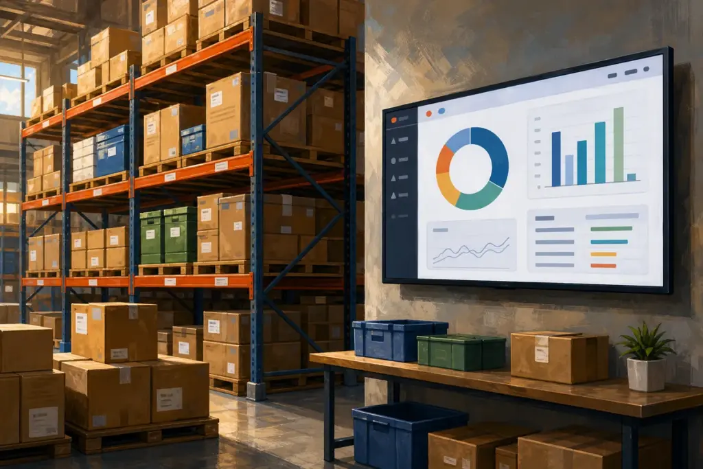 Pantalla grande en un almacén con reportes de Zoho preparados por un consultor para la empresa