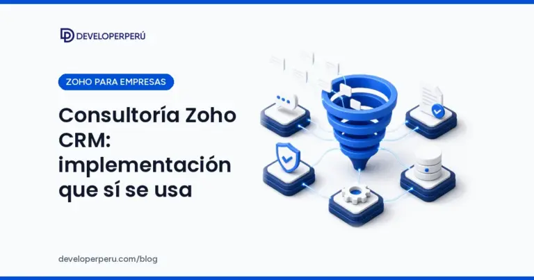 Ilustración 3D isométrica de un embudo de ventas de Zoho CRM conectado a chat, factura, base de datos, automatización y seguridad