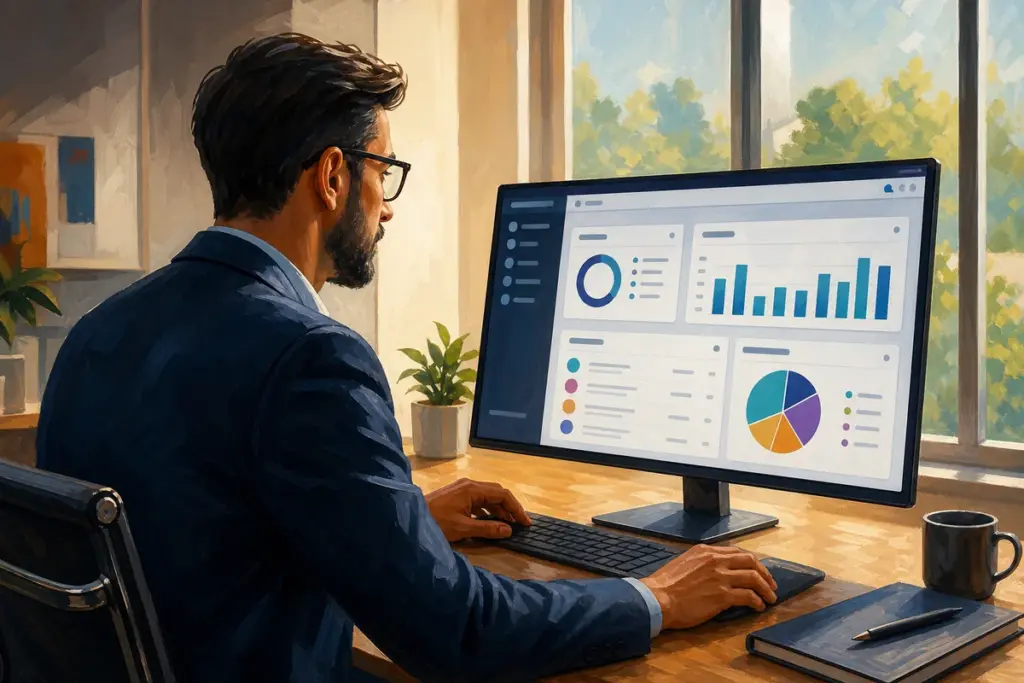 Ejecutivo revisando en su computadora un panel de CRM con métricas de clientes y ventas de una empresa en Perú