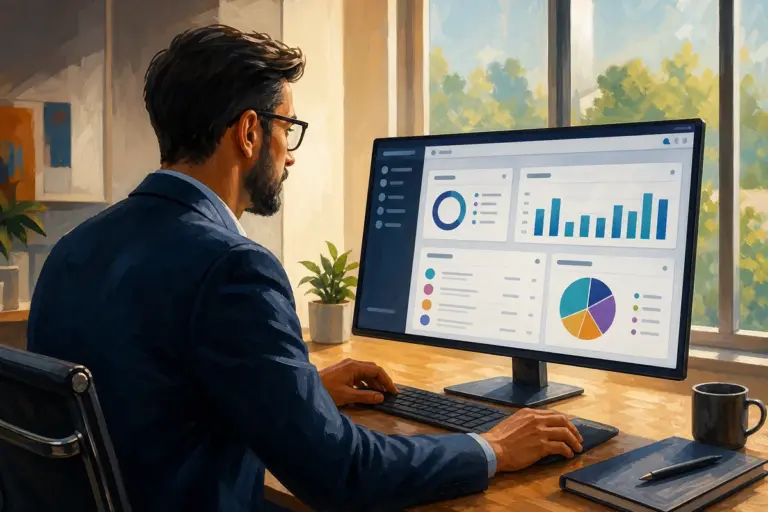 Ejecutivo revisando en su computadora un panel de CRM con métricas de clientes y ventas de una empresa en Perú