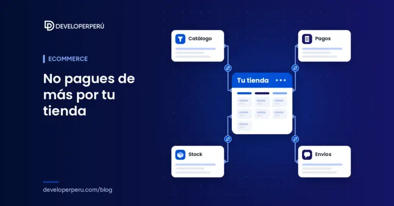 Ilustración de una tienda virtual conectada a módulos de catálogo, pagos, stock y envíos, Developer Perú