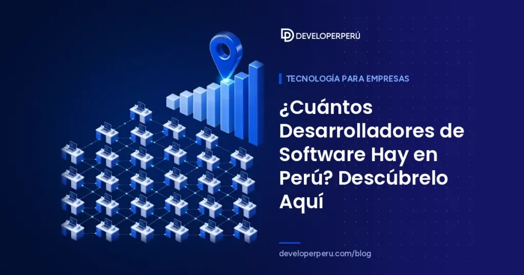 Ilustración isométrica de muchos escritorios con laptops conectados en red, gráfico de barras y pin de ubicación sobre desarrolladores en Perú