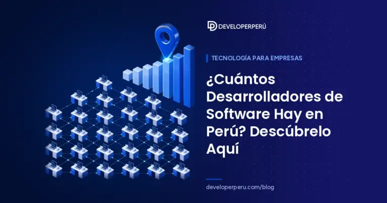 Ilustración isométrica de muchos escritorios con laptops conectados en red, gráfico de barras y pin de ubicación sobre desarrolladores en Perú