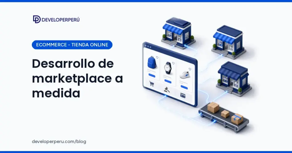 Ilustración 3D isométrica de varias tiendas conectadas a un marketplace con catálogo, carrito, subasta y envíos