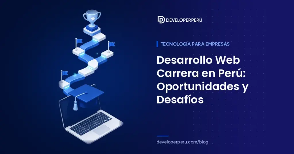 Ilustración isométrica de un birrete sobre una laptop y un camino ascendente con banderas y un trofeo, sobre la carrera de desarrollo web