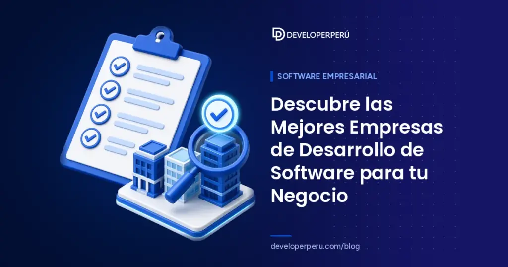 Ilustración isométrica de una lista de verificación y una lupa evaluando edificios de empresas de desarrollo de software