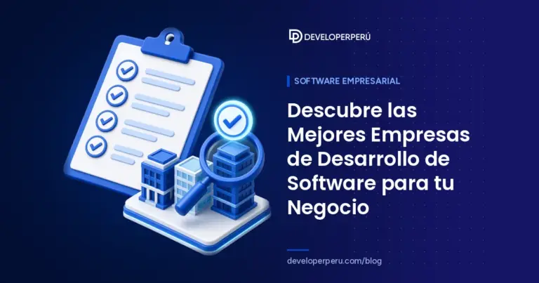 Ilustración isométrica de una lista de verificación y una lupa evaluando edificios de empresas de desarrollo de software