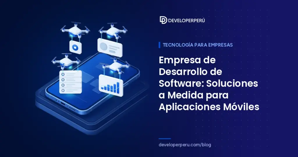 Ilustración isométrica de un smartphone gigante cuya interfaz es ensamblada por drones con componentes de aplicación