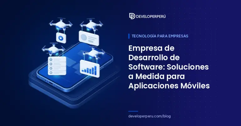 Ilustración isométrica de un smartphone gigante cuya interfaz es ensamblada por drones con componentes de aplicación