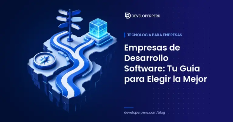 Ilustración isométrica de un camino con señalización, una brújula y un cubo de software como destino
