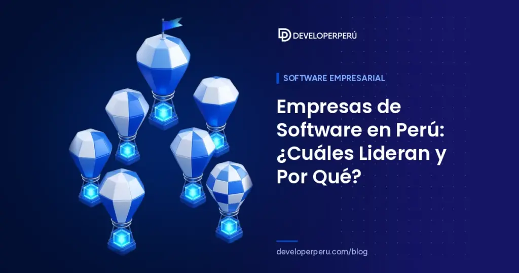 Ilustración isométrica de globos aerostáticos a distintas alturas que llevan cubos de software, el más alto con una bandera