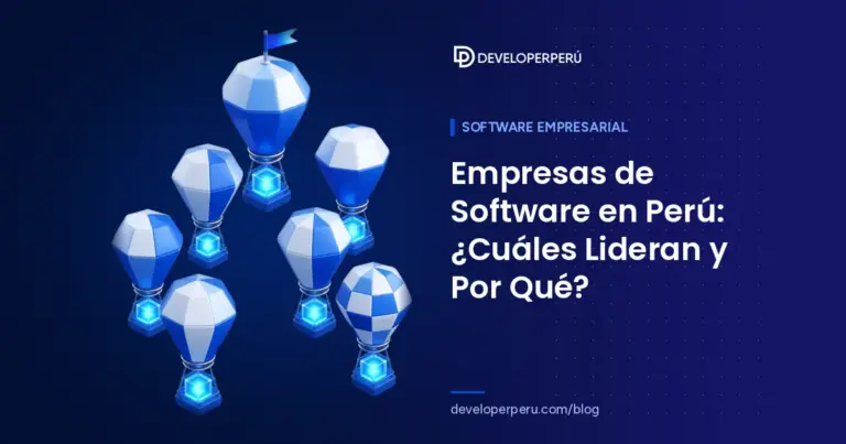 Ilustración isométrica de globos aerostáticos a distintas alturas que llevan cubos de software, el más alto con una bandera