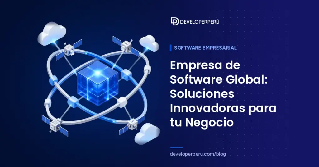 Ilustración isométrica de un núcleo de datos rodeado de anillos orbitales con satélites y nubes, sobre una empresa de software global