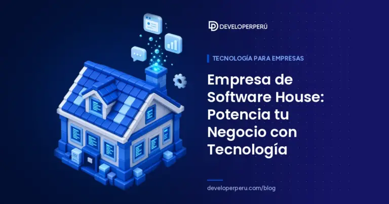 Ilustración isométrica de una casa de bloques con ventanas de código y una chimenea que emite íconos de aplicaciones, sobre software house
