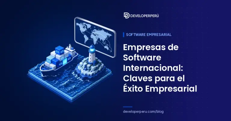 Ilustración isométrica de un barco de carga con cubos de software y un mapa mundial con rutas, sobre empresas de software internacional