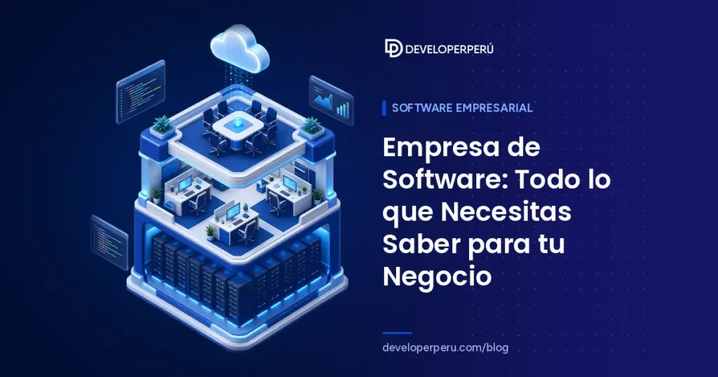 Ilustración isométrica de una empresa de software en corte: sala de servidores, escritorios con monitores, sala de reuniones y nube