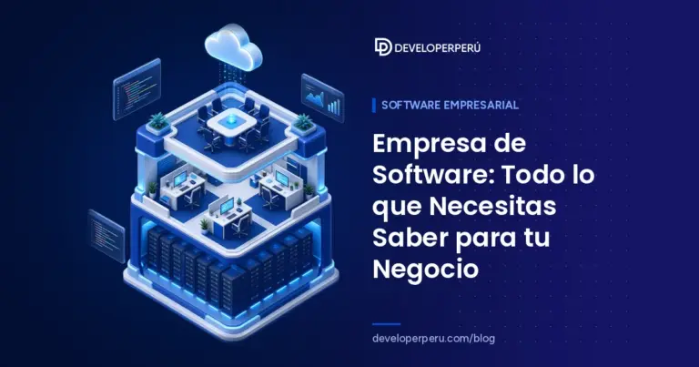 Ilustración isométrica de una empresa de software en corte: sala de servidores, escritorios con monitores, sala de reuniones y nube