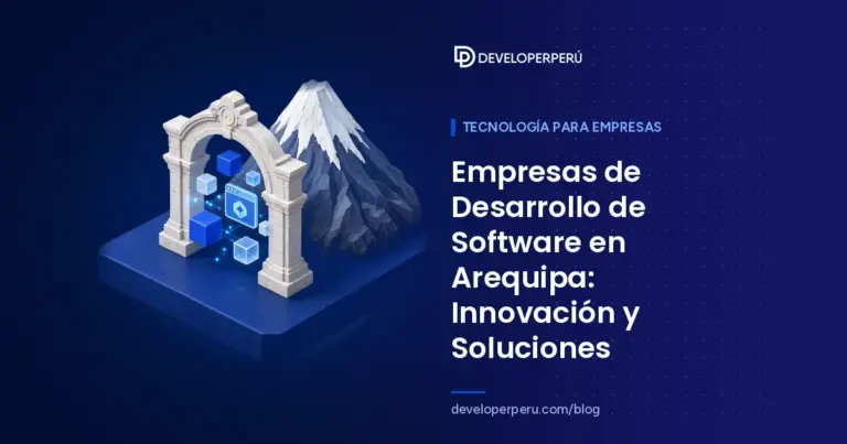 Ilustración isométrica de un arco de piedra blanca junto a un volcán nevado y cubos de software