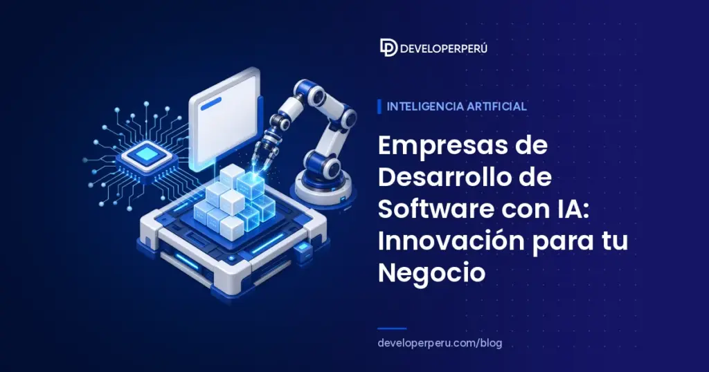Ilustración isométrica de un brazo robótico que ensambla bloques de código junto a un chip de inteligencia artificial
