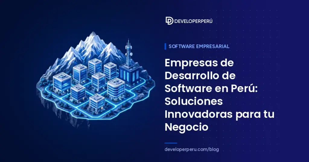 Ilustración isométrica de un distrito tecnológico con edificios de empresas de software, centro de datos y montañas andinas