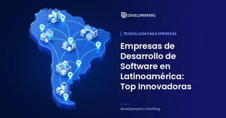 Ilustración isométrica de una plataforma con forma de Sudamérica con edificios de oficinas y marcadores conectados