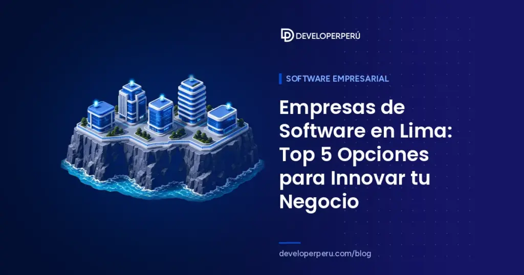 Ilustración isométrica de cinco edificios de oficinas con balizas encendidas sobre un acantilado costero, sobre empresas de software en Lima
