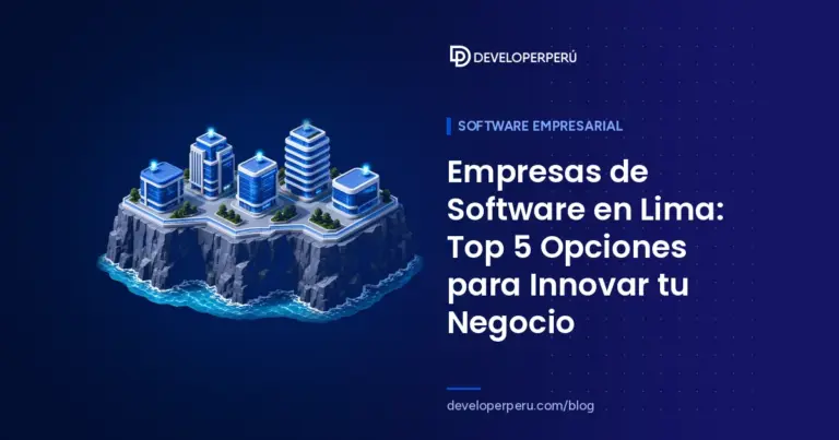 Ilustración isométrica de cinco edificios de oficinas con balizas encendidas sobre un acantilado costero, sobre empresas de software en Lima