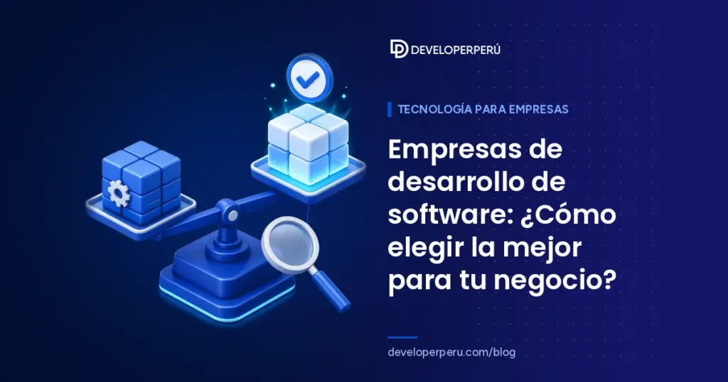 Ilustración isométrica de una balanza que compara dos bloques de software, con una lupa y una marca de verificación