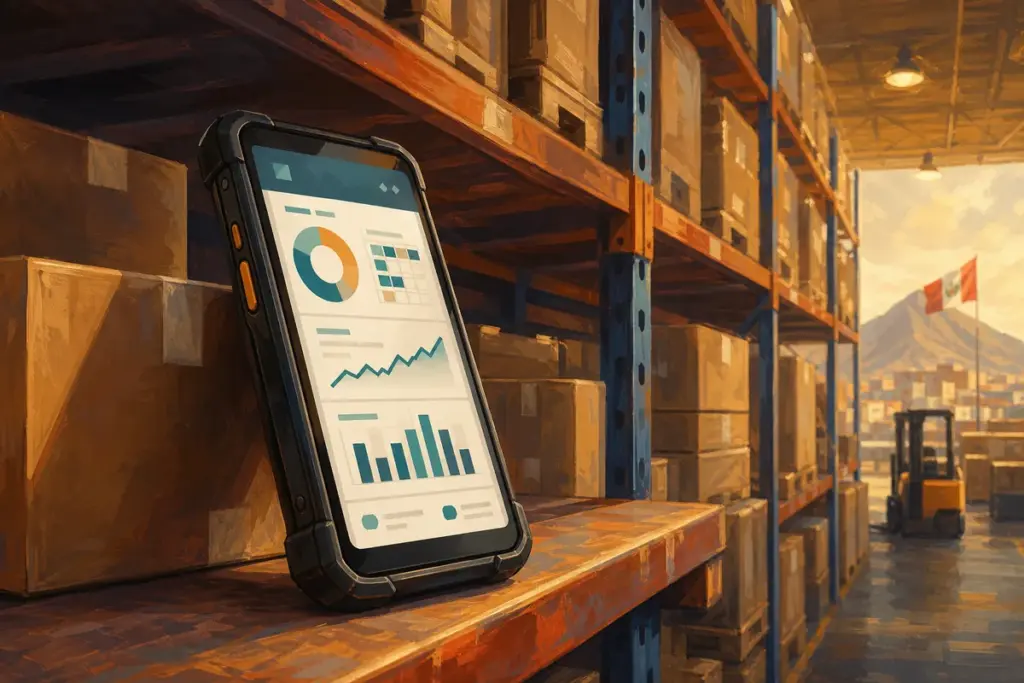 Celular con un dashboard de indicadores de un proyecto de software sobre un estante de almacén