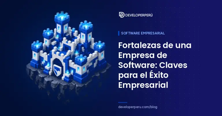 Ilustración isométrica de una fortaleza construida con bloques y un escudo en la entrada, sobre las fortalezas de una empresa de software
