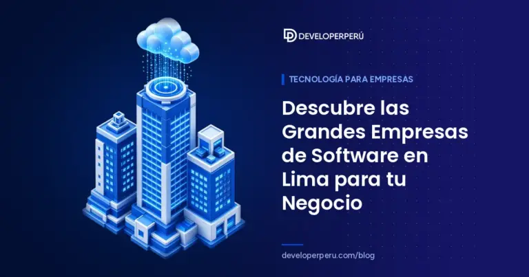 Ilustración isométrica de rascacielos corporativos conectados a la nube, sobre grandes empresas de software en Lima