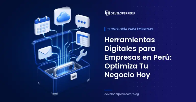 Ilustración isométrica de una caja de herramientas de la que salen apps digitales: nube, calendario, chat, hoja de cálculo y correo