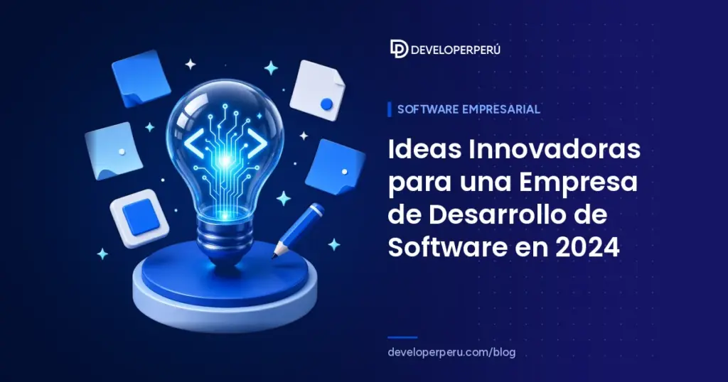 Ilustración isométrica de una bombilla con código y circuitos rodeada de notas adhesivas y un lápiz, sobre ideas para una empresa de software