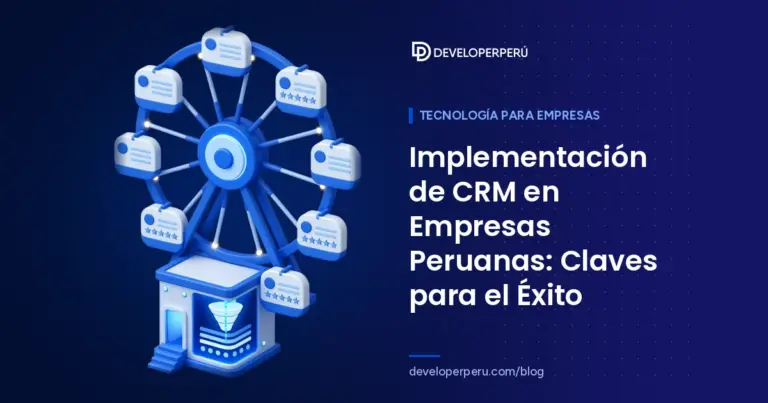 Ilustración isométrica de una rueda de la fortuna con fichas de clientes y una cabina con un embudo de ventas, sobre la implementación de CRM