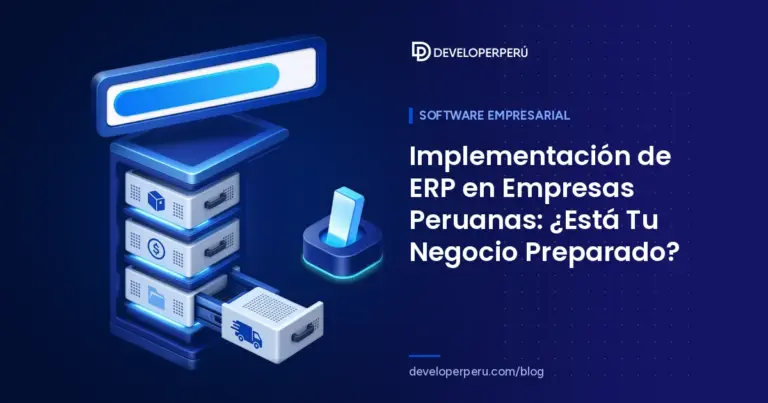 Ilustración isométrica de un gabinete con módulos ERP de inventario, contabilidad, RR. HH. y logística y una barra de progreso de implementación