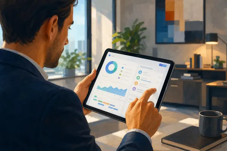 Usuario revisando en una tablet un panel de Zoho con gráficos de ventas y procesos de su empresa