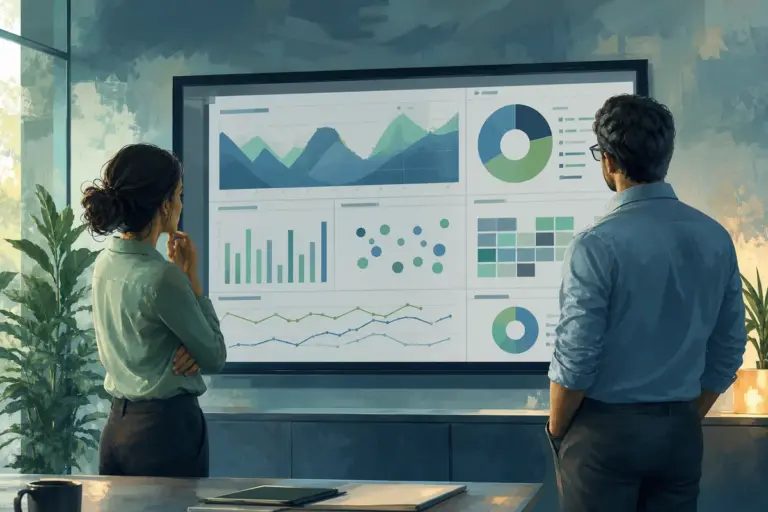 Dos profesionales frente a una pantalla con datos integrados entre Zoho y otros sistemas de la empresa