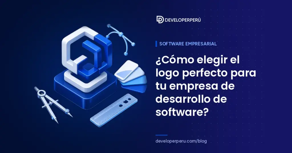 Ilustración isométrica de diseño de logo para empresa de software con emblema geométrico, pluma vectorial, muestras de color, compás y regla